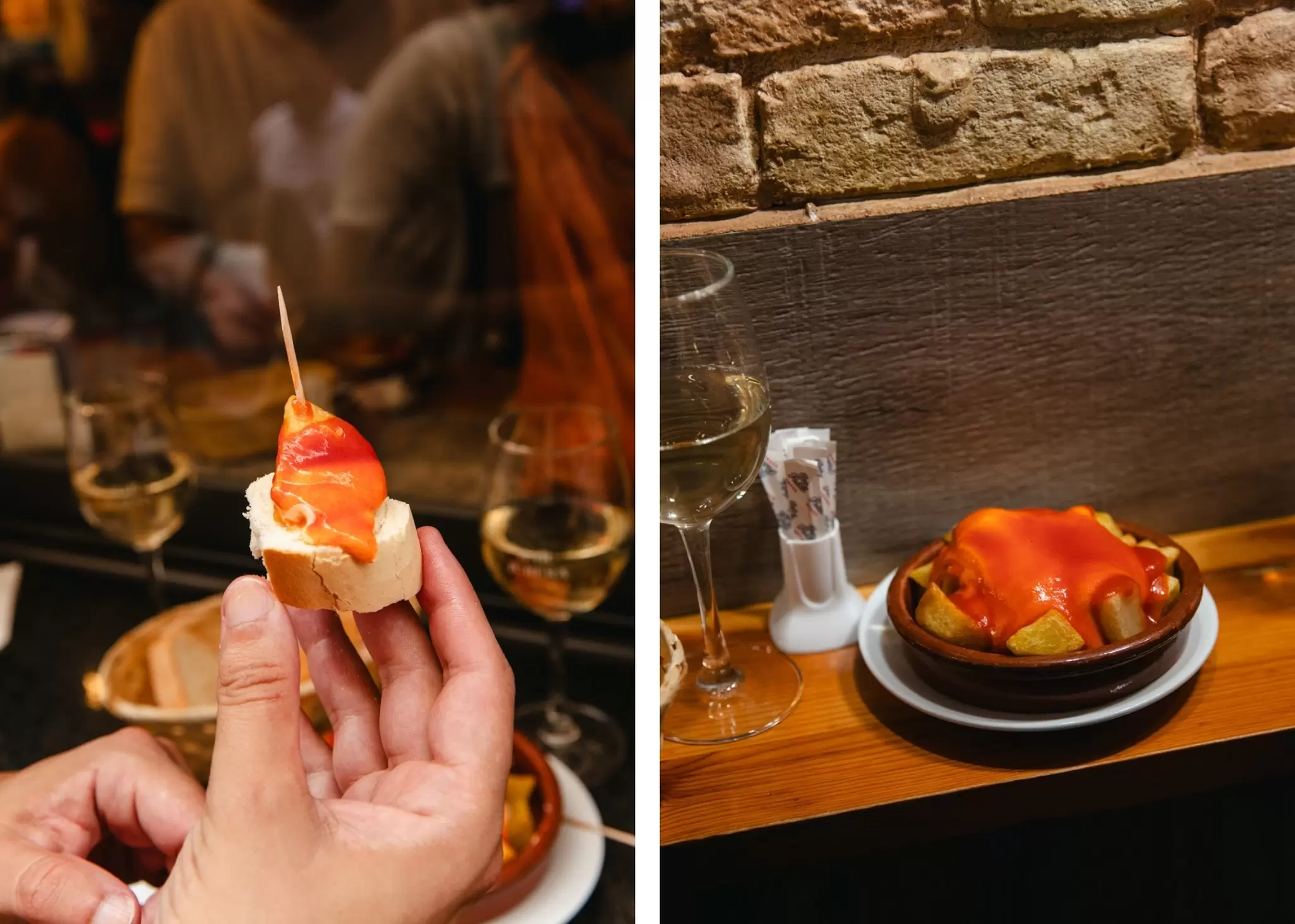 Left: A hand holding a small piece of potato with a toothpick in it and sauce on top. Right: A bowl of small potato pieces with sauce next to a glass of wine