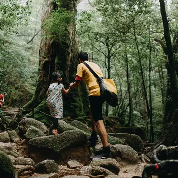 An adult and child walk over rocks in a forest.