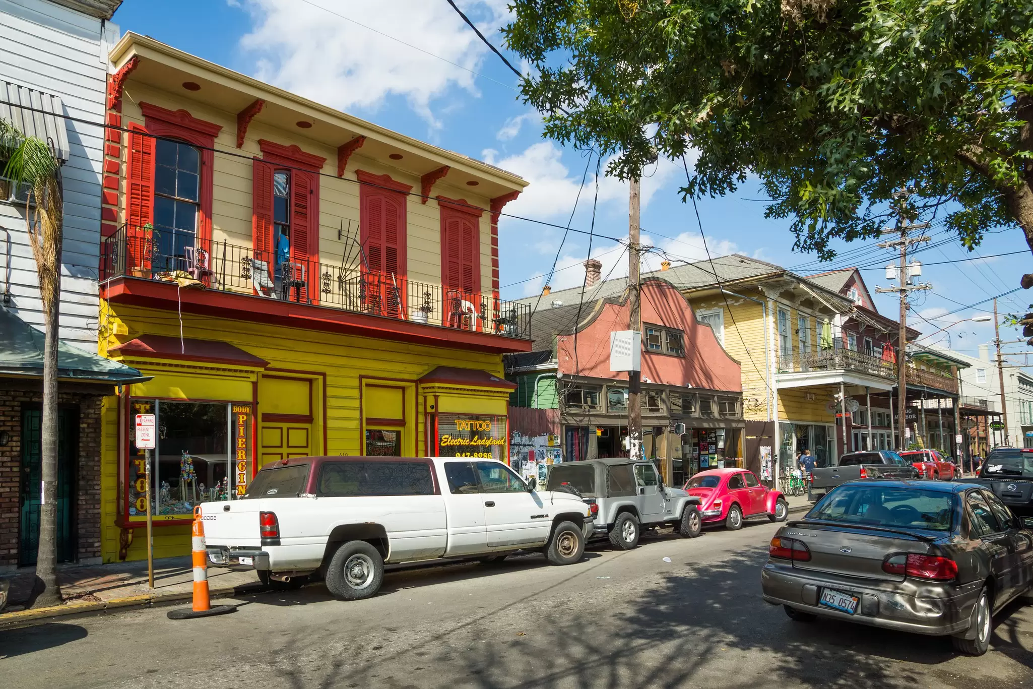 View of cafes and shops on Frenchmen Street in New Orleans, Louisiana.