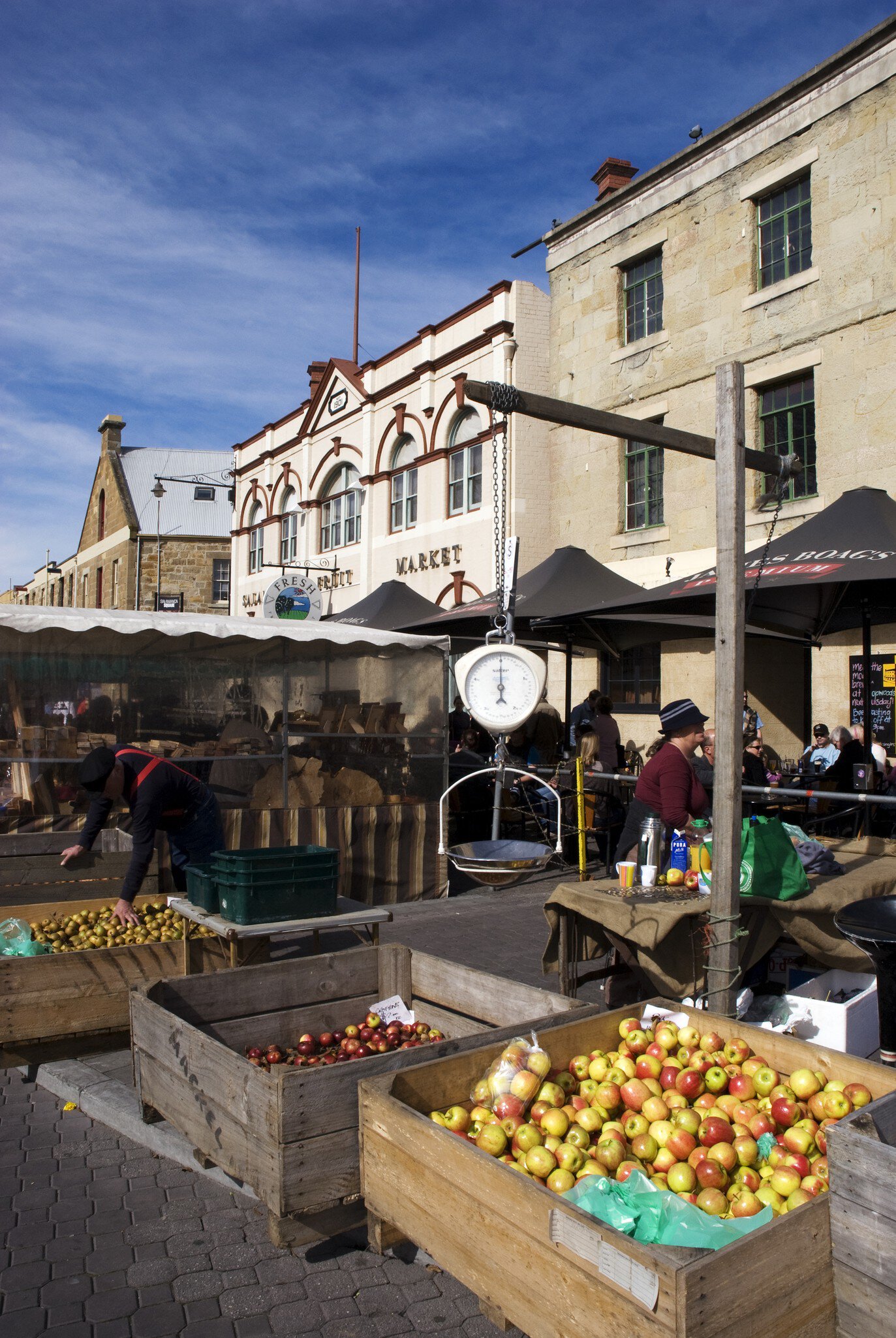 Crates of apples at Saturday Salamanca Market.