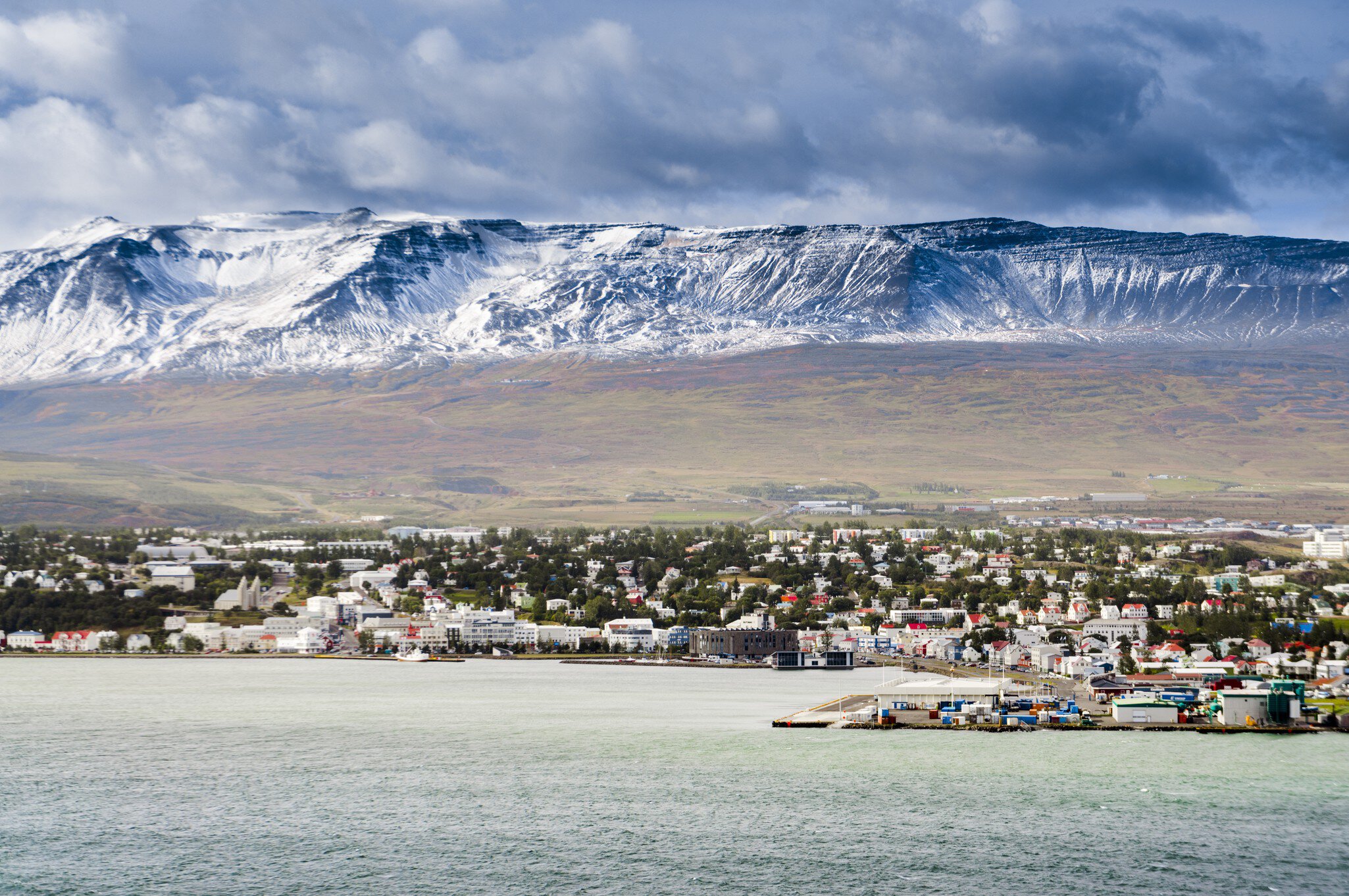The towering peak of Eyjafjörður in Akureyri, Iceland.