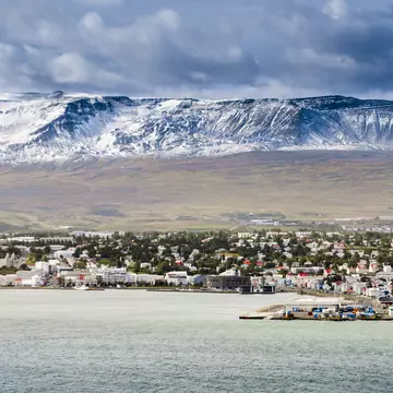 The towering peak of Eyjafjörður in Akureyri, Iceland.