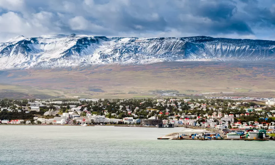 The towering peak of Eyjafjörður in Akureyri, Iceland.
