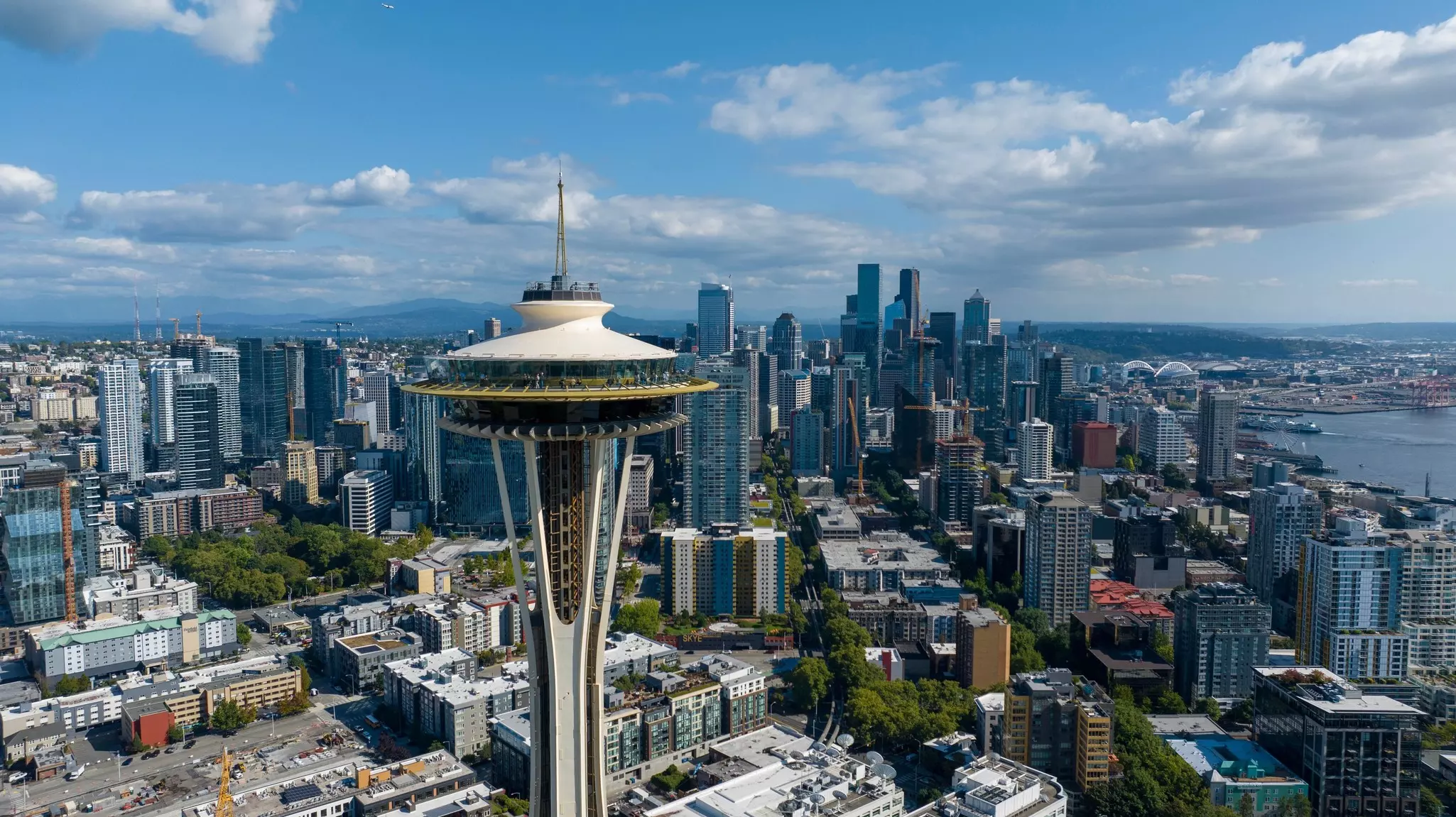 Aerial View of the Seattle Space Needle in the Lower Queen Anne neighborhood.