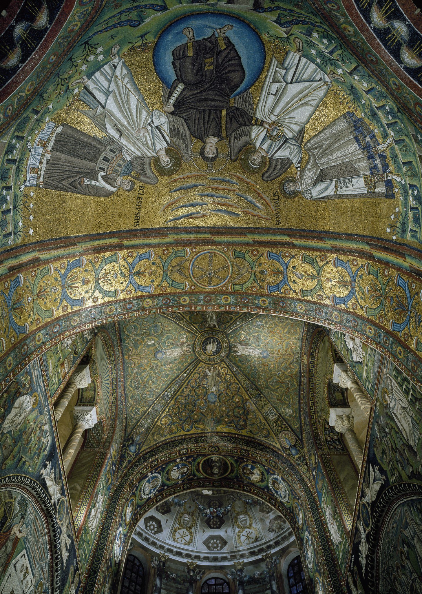 ITALY - JULY 24: Mosaics in the apse vault, 538-545, Basilica of San Vitale (UNESCO World Heritage List, 1996), founded 526, Ravenna, Emilia-Romagna, Italy. (Photo by DeAgostini/Getty Images)
no, people|vertical|indoors|526|upward, view|architecture|history|unesco, world, heritage, site|travel, destinations|ornate|art|italy|emilia-romagna|ravenna|basilica, of, san, vitale|6th, century|mosaic|byzantine, style|complexity