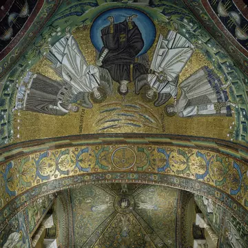 ITALY - JULY 24: Mosaics in the apse vault, 538-545, Basilica of San Vitale (UNESCO World Heritage List, 1996), founded 526, Ravenna, Emilia-Romagna, Italy. (Photo by DeAgostini/Getty Images)
no, people|vertical|indoors|526|upward, view|architecture|history|unesco, world, heritage, site|travel, destinations|ornate|art|italy|emilia-romagna|ravenna|basilica, of, san, vitale|6th, century|mosaic|byzantine, style|complexity