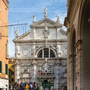 Street view of the Chiesa di San Moisè, a church in Venice, Italy.