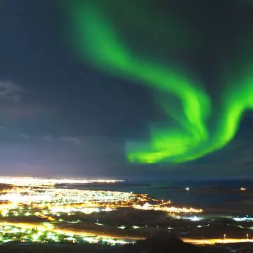 Green Northern Lights above Reykjavik, Iceland