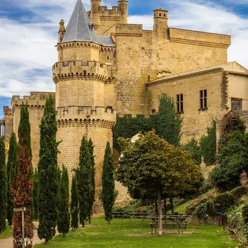 View of the Palacio Real in Olite, Spain, with a green lawn and cypress trees in the foreground.