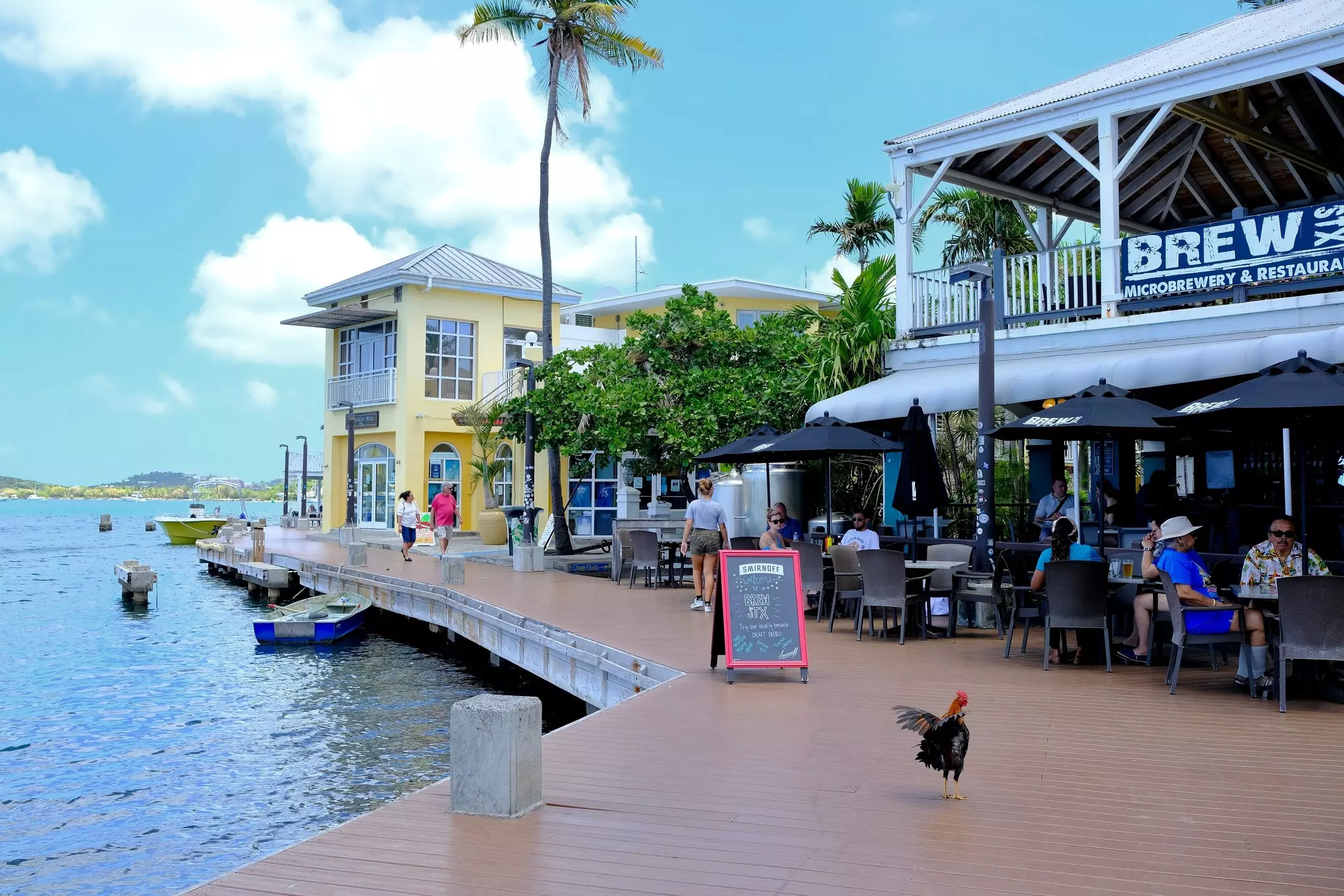 Visitors and locals lounging on the boardwalk area of Christiansted Harbor, with a chicken walking in the foreground and fluffing its feathers