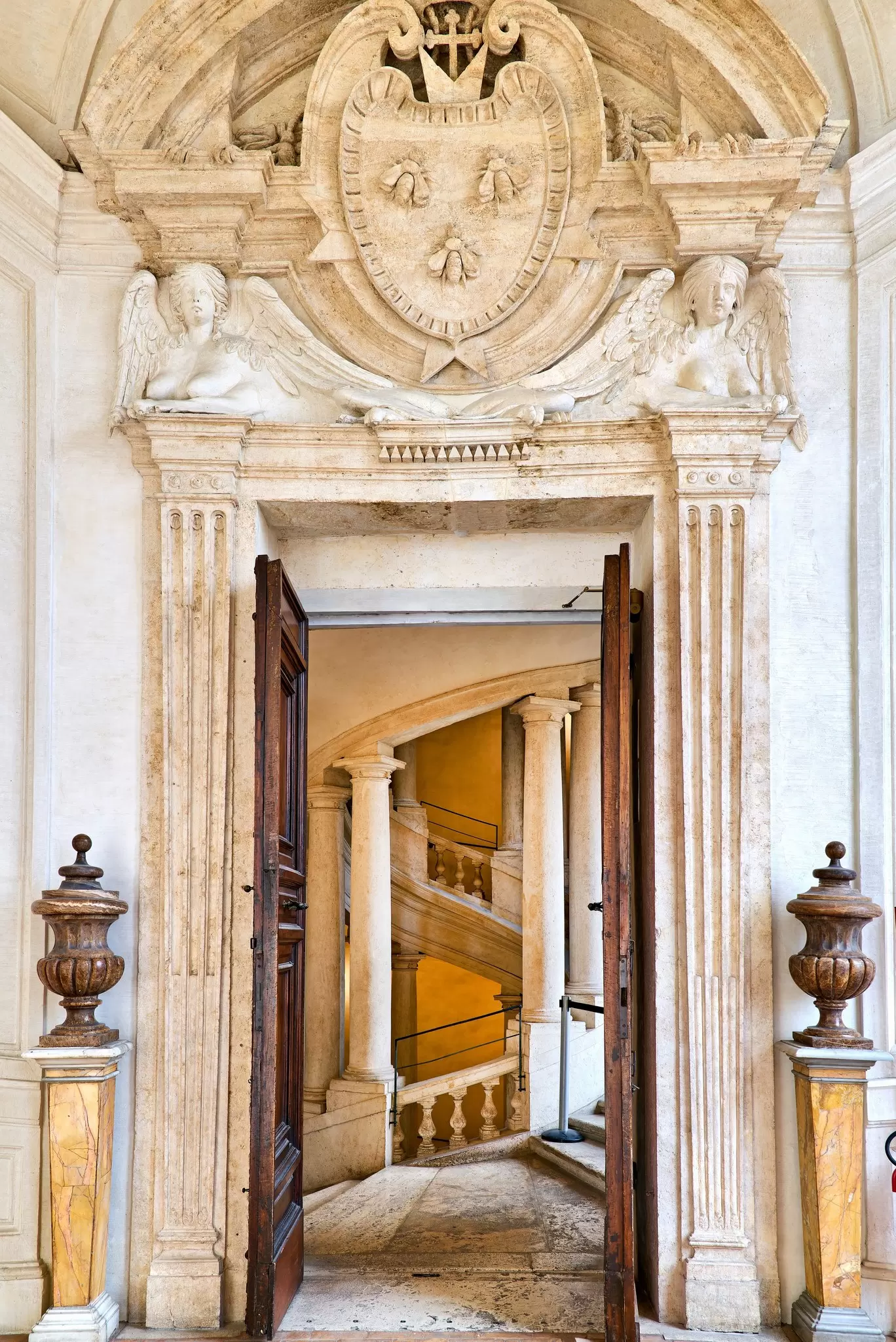 View of the Galleria Nazionale d'Arte Antica, an art museum in Palazzo Barberini and the helicoidal staircase by Borromini in Rome, Italy.