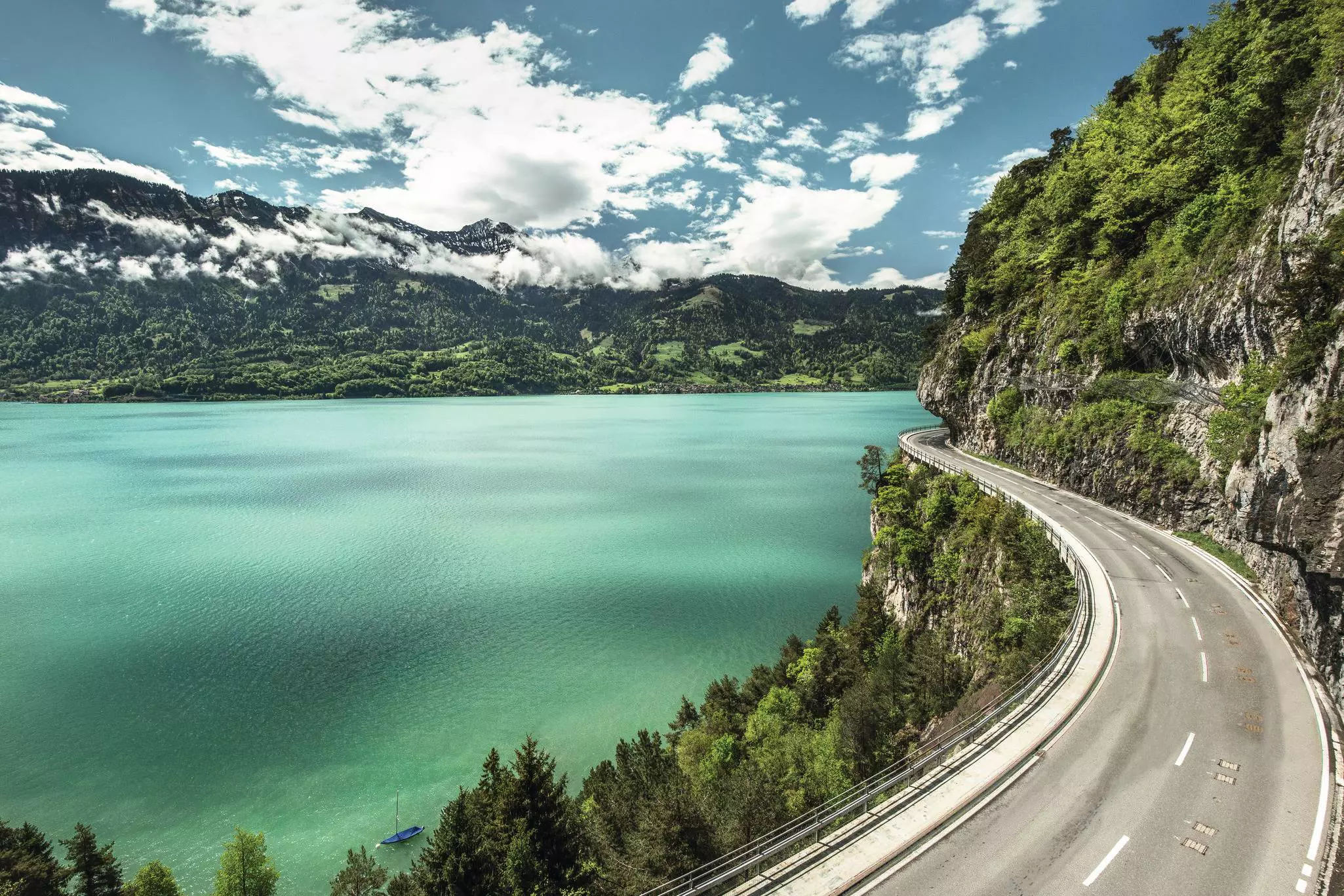 View of lake Thun in Switzerland during autumn season from Spiez train station