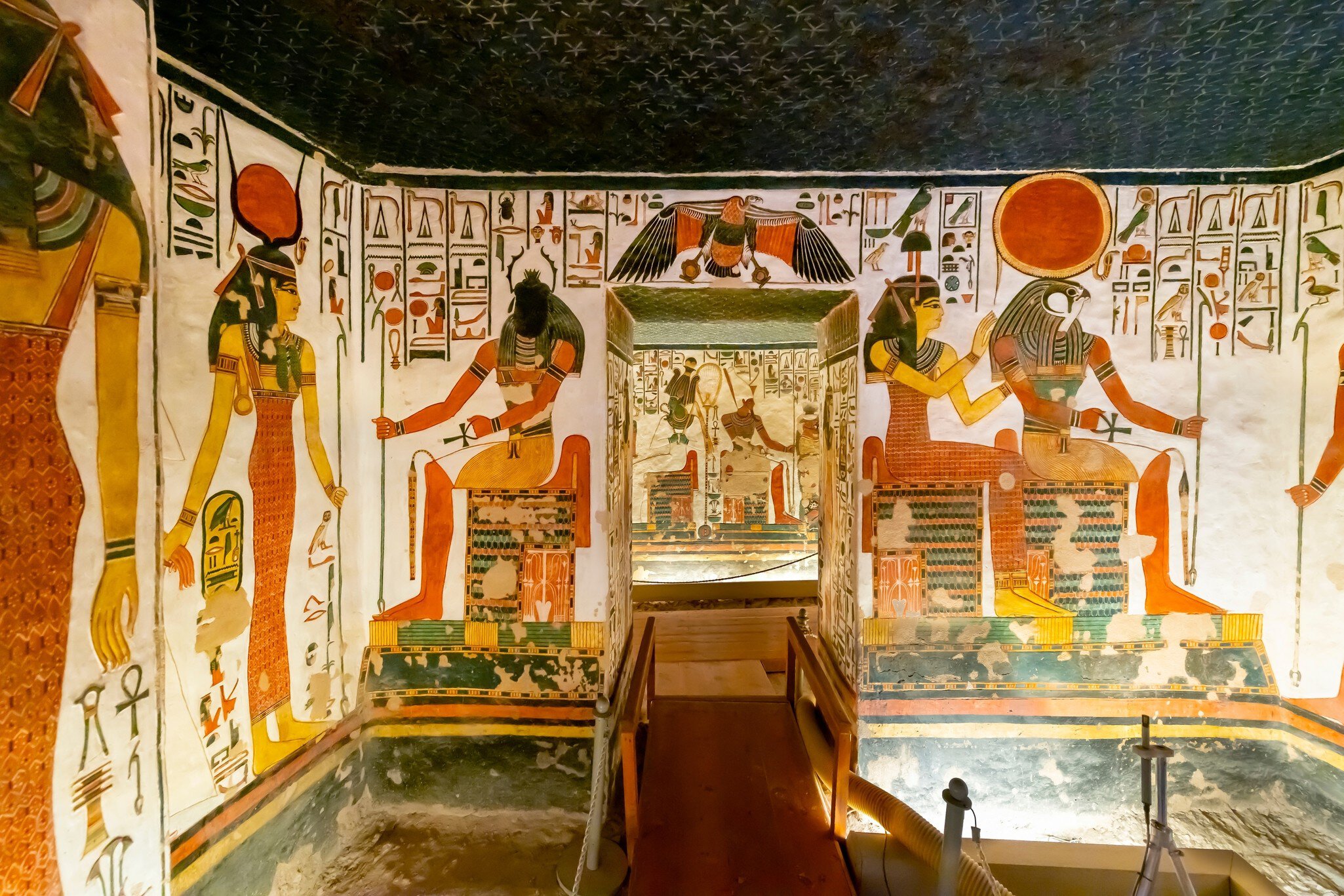 Luxor, Egypt - November 17 2022: General interior view of the lower Chambers of Tomb QV66 Queen Nefertari, with Gods Hathor, Sekhmet, and Ra Horakhty visible, in the Valley of the Queens, Luxor Egypt; Shutterstock ID 2258791117;