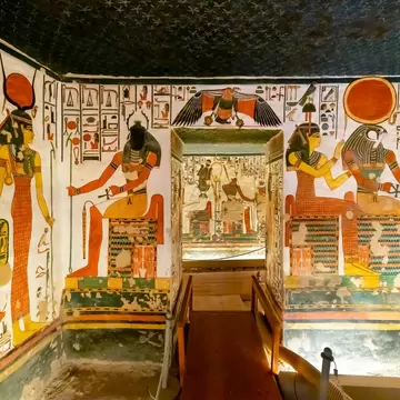 Luxor, Egypt - November 17 2022: General interior view of the lower Chambers of Tomb QV66 Queen Nefertari, with Gods Hathor, Sekhmet, and Ra Horakhty visible, in the Valley of the Queens, Luxor Egypt; Shutterstock ID 2258791117;