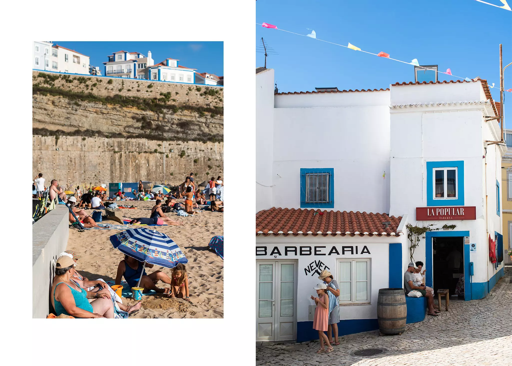 Left: People relaxing on a beach on a sunny day. Right: People sit outside a small whitewashed restaurant.