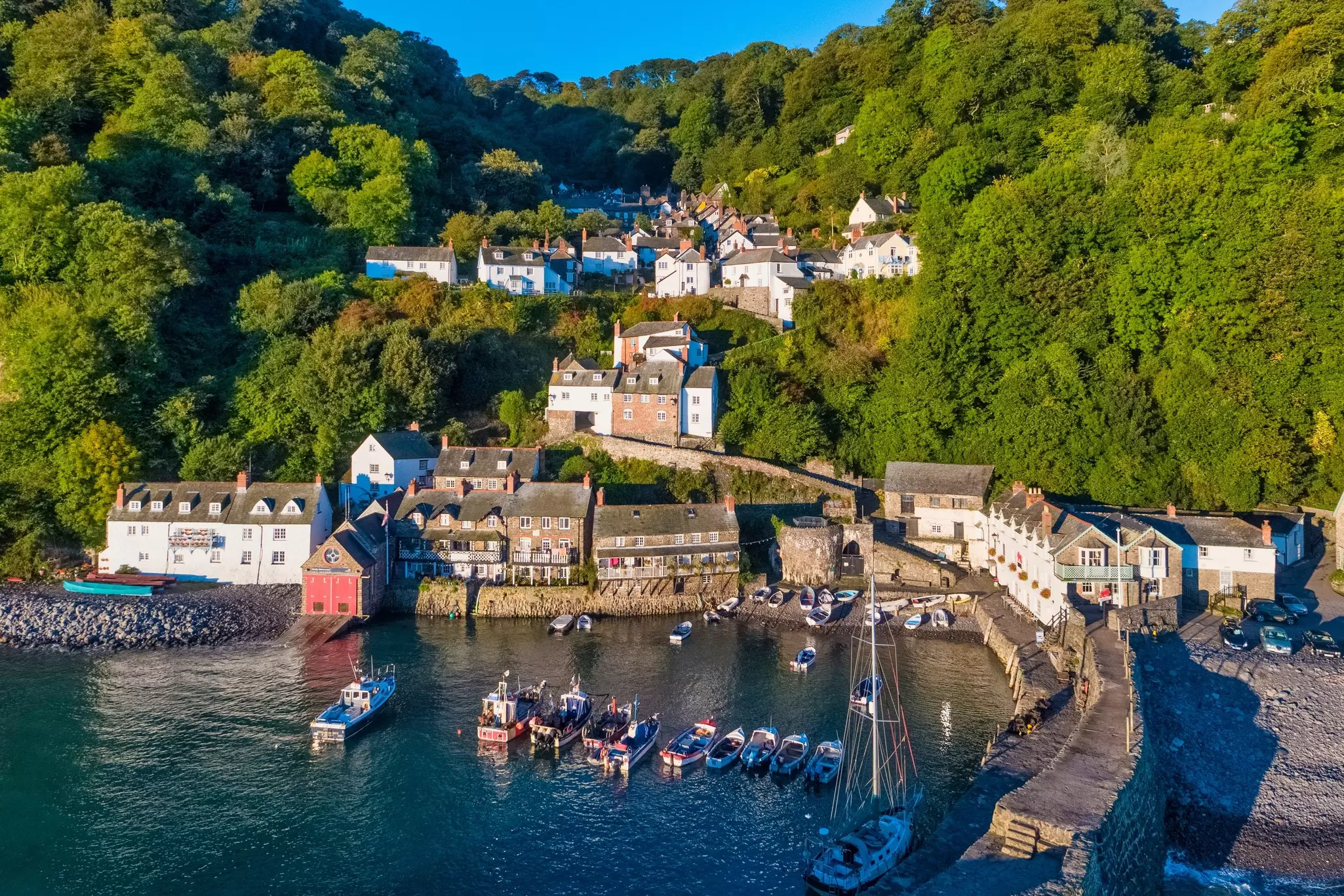Aerial elevated view over Clovelly on the North Devon coast, Devon, England, United Kingdom, Europe