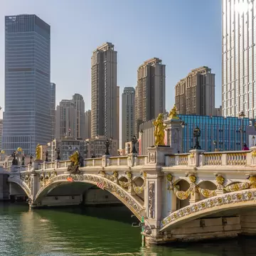 European-style sculptures line the Bei'an Bridge in Tianjin, China.