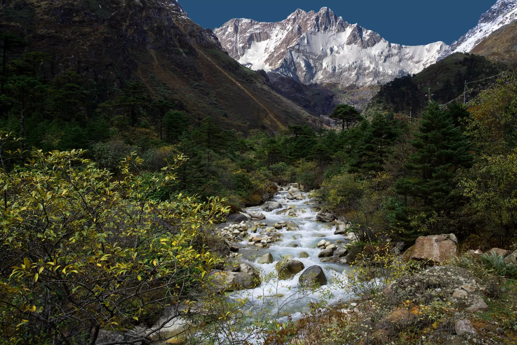 A stream rushes through a mountain valley. A huge snow-capped ridge of mountains is framed in the distance.
