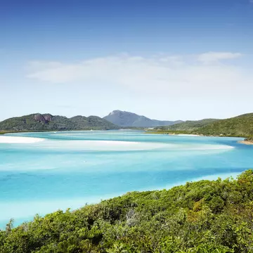 A vast bay near a tropical island with turquoise waters and bright white sands.