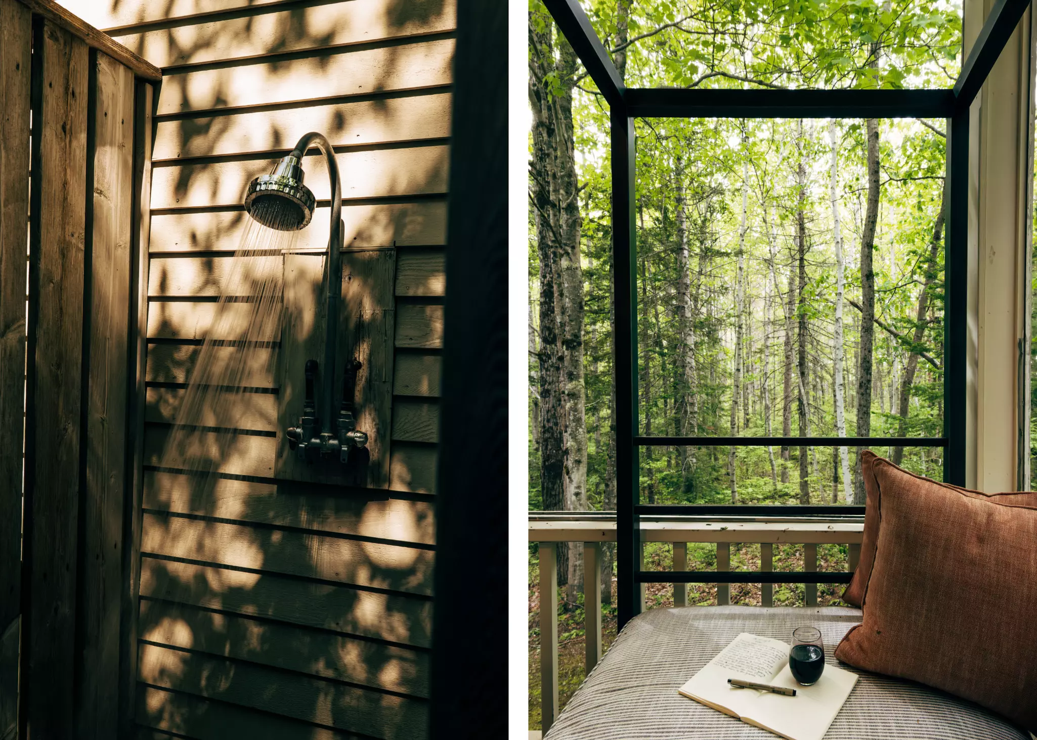 Outdoor shower and screened-in porch at Fawn's Pass cottage, Hidden Pond, Maine.