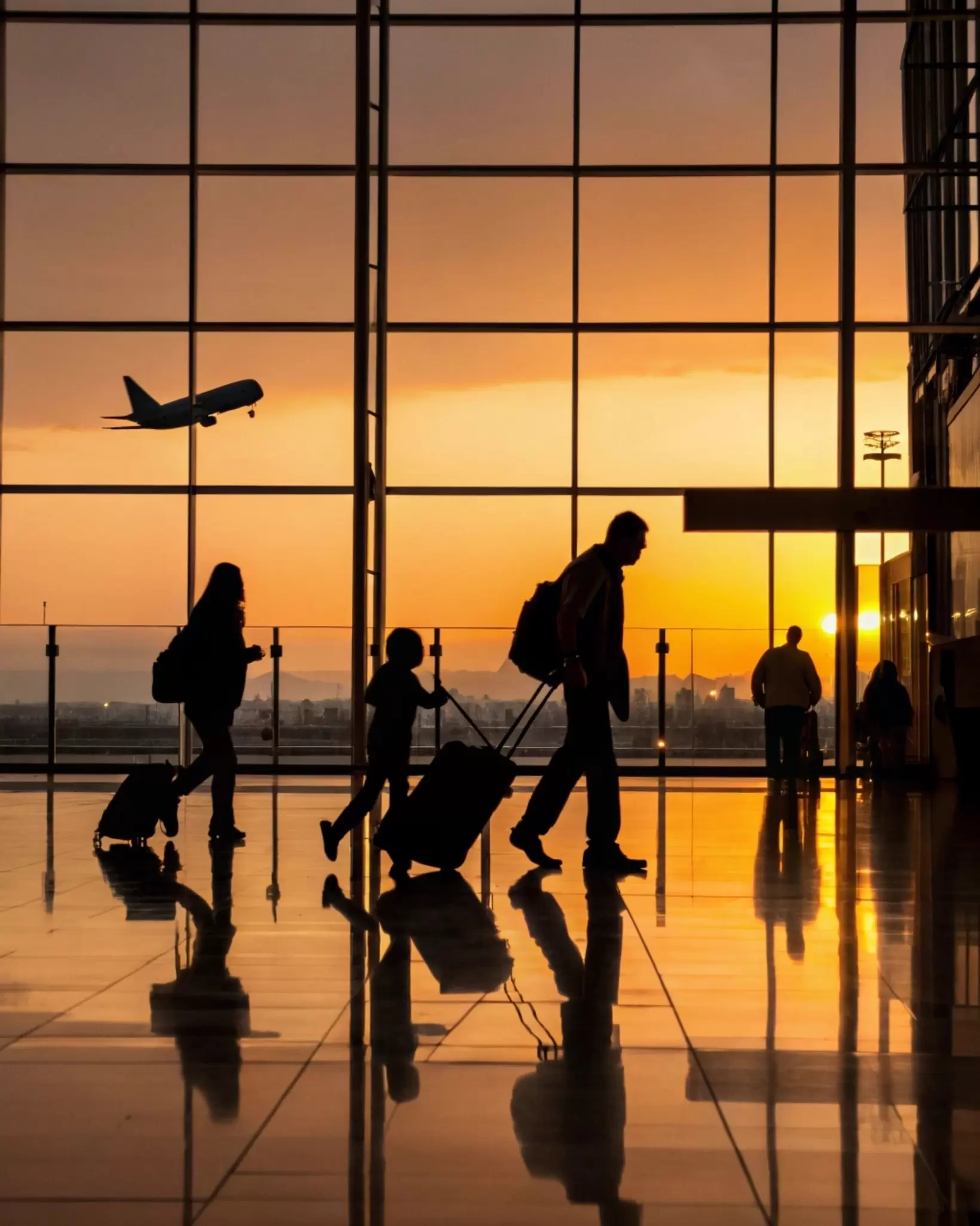 silhouette of a family moving through an airport at sunset