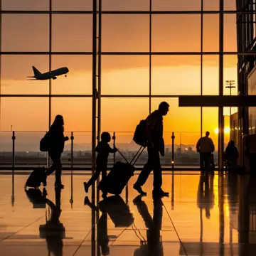 silhouette of a family moving through an airport at sunset