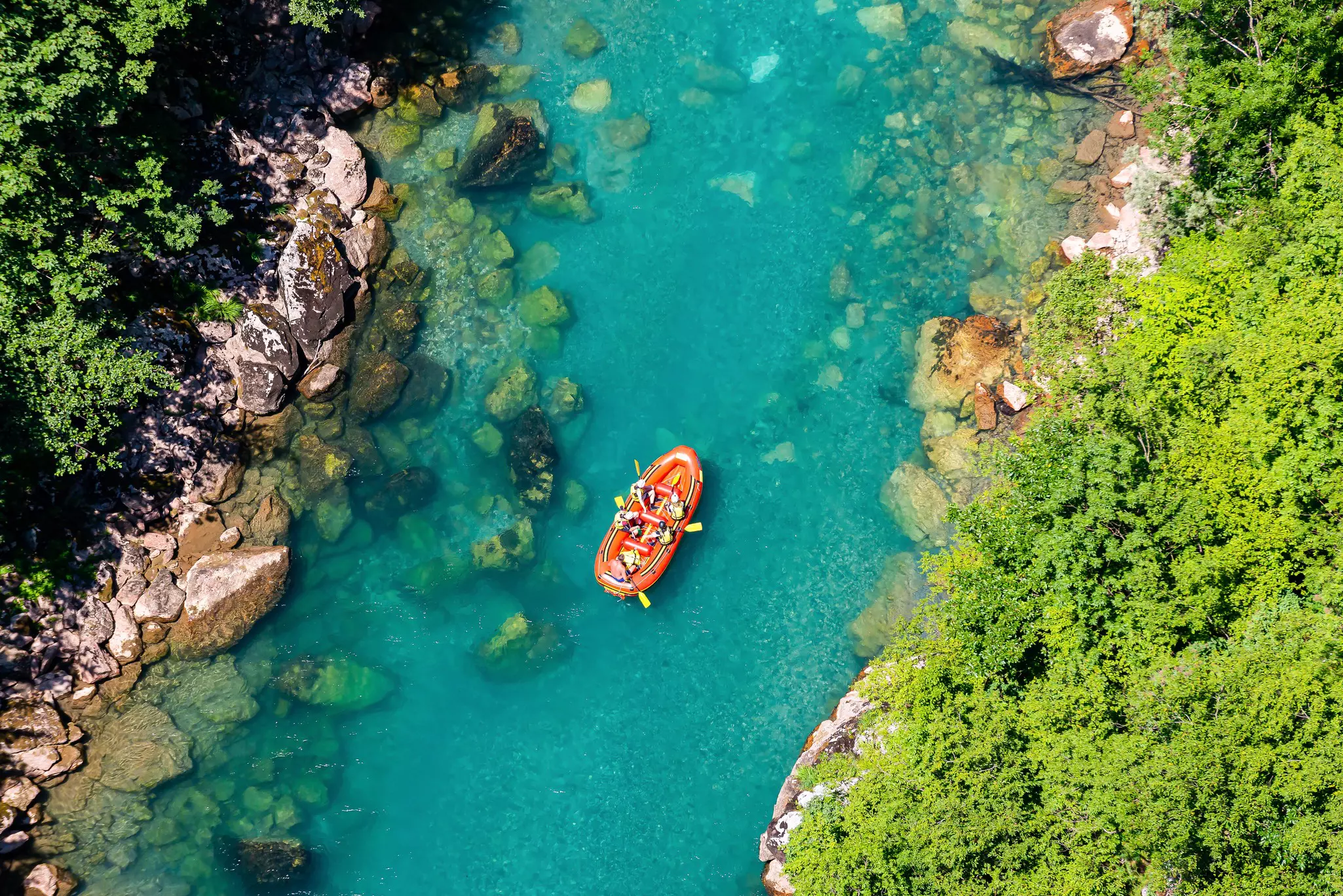 Aerial view of rafting on river Tara in National Park Durmitor, Montenegro.