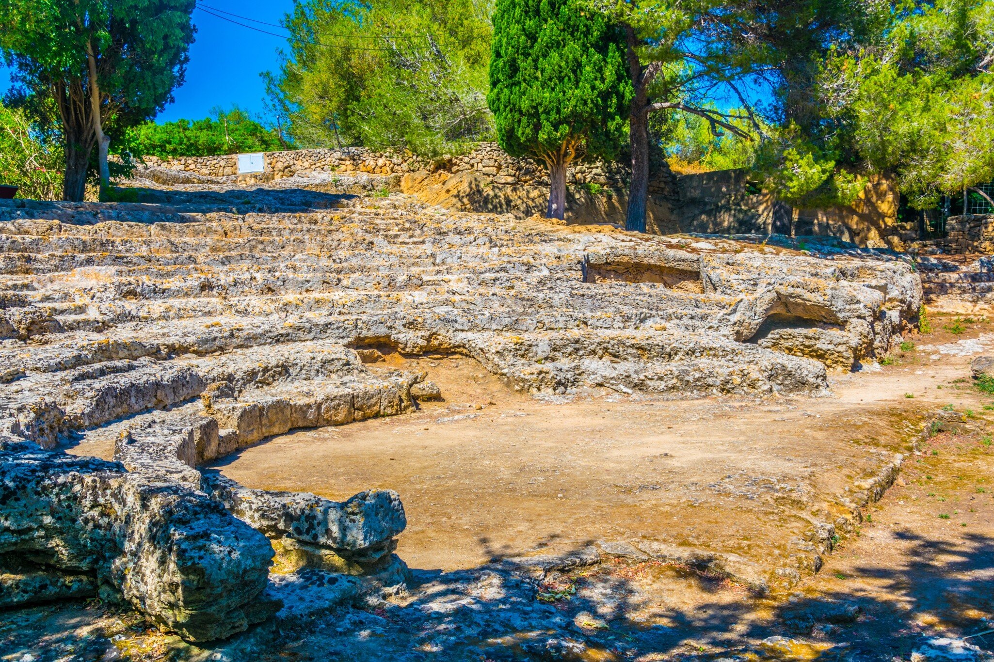 Rock-cut semicircular seating tiers of a small Roman theatre surrounded by pine trees.