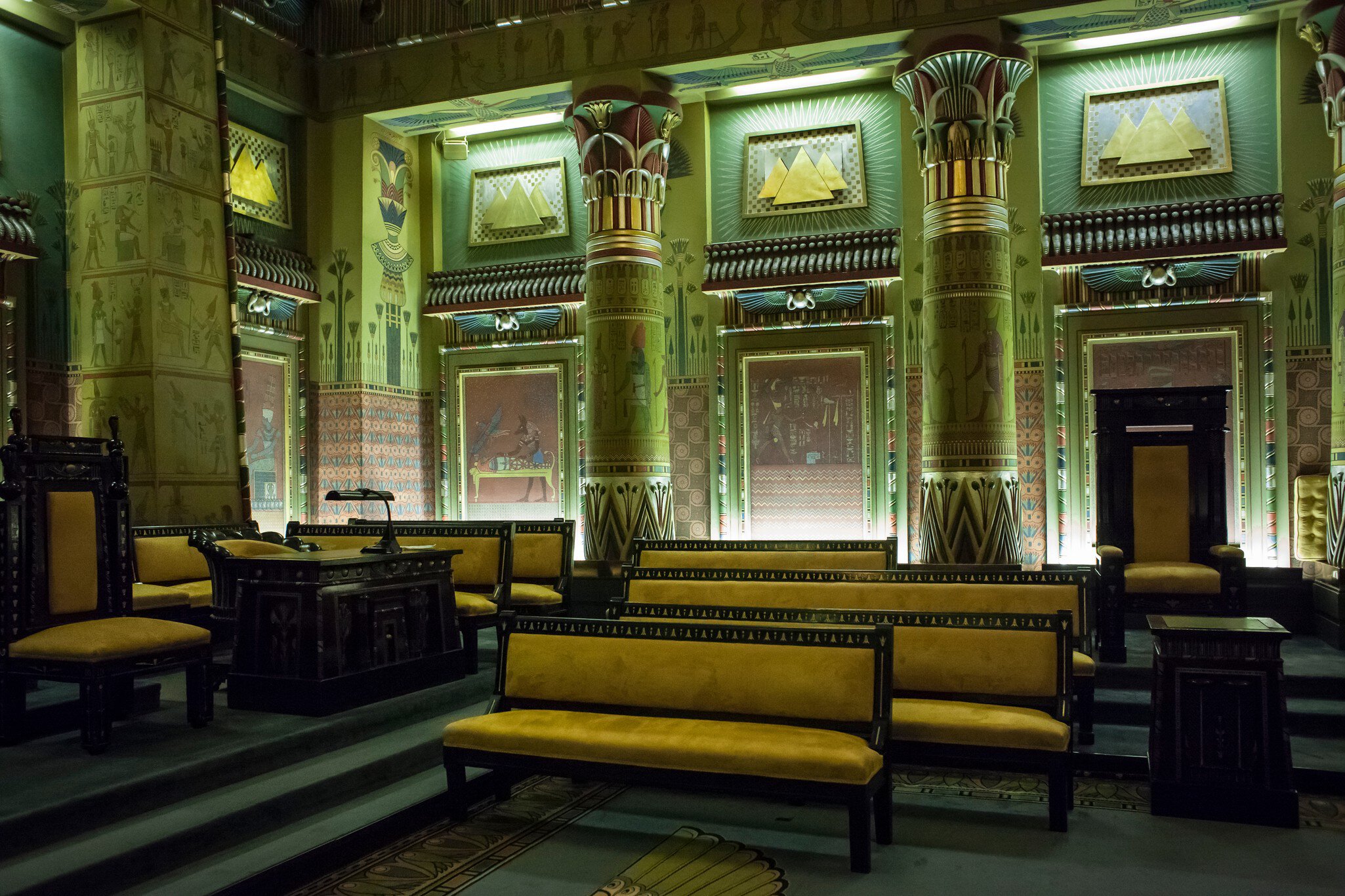 Philadelphia, Pennsylvania, USA â€“ August 3, 2016: Horizontal shot of the Egyptian Hall at the Masonic Temple interior, Broad St, Philadelphia, Pennsylvania