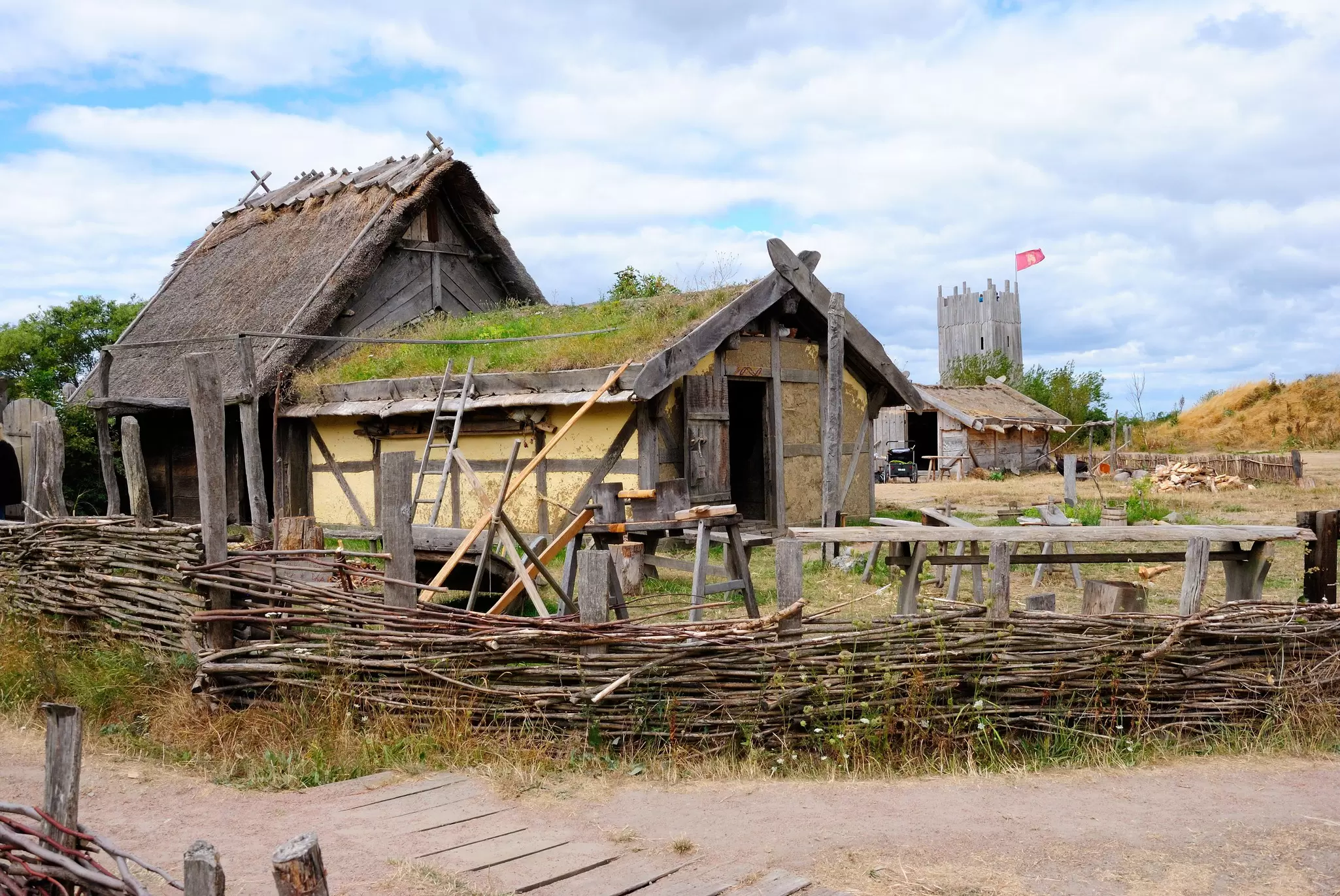 HÃ¶llviken, Sweden - August 5, 2018 - Recreated Viking Age settlement at Foteviken Museum in southern SkÃ¥ne (Scania)  License Type: media  Download Time: 2023-06-22T01:38:19.000Z  User: kparker52331  Is Editorial: Yes  purchase_order: 65050  