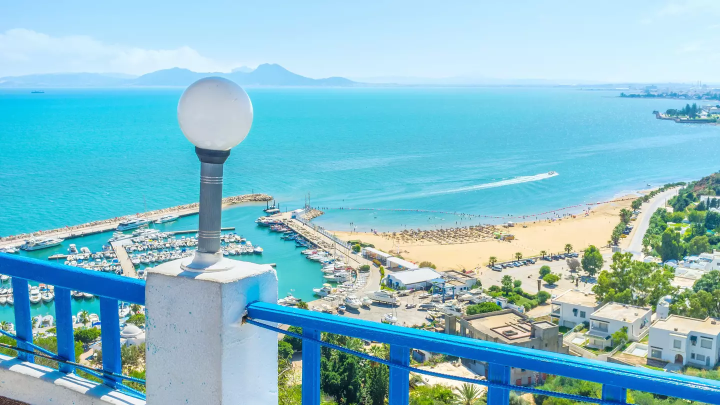 A view from a terrace (protected by a blue-painted parapet) overlooking a marina and small beach in a town.