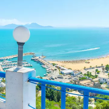 A view from a terrace (protected by a blue-painted parapet) overlooking a marina and small beach in a town.