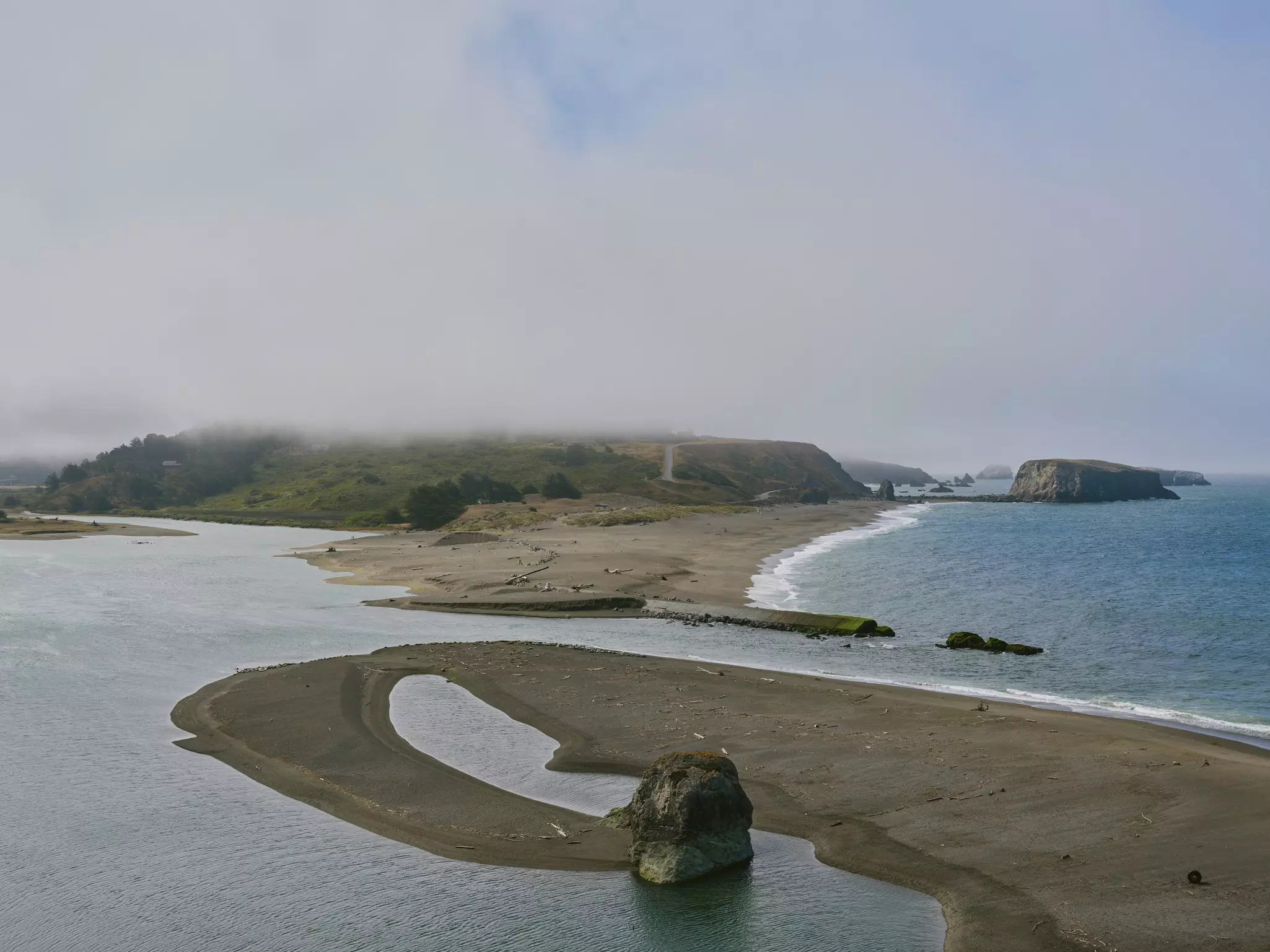 Bluffs abut a long seashore with driftwood and a delta where the river meets the ocean