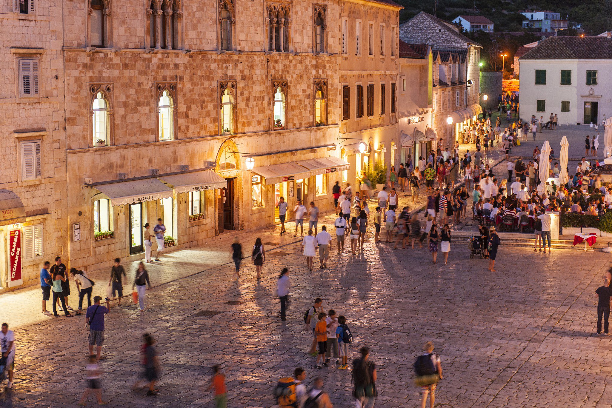 Town square, people walking