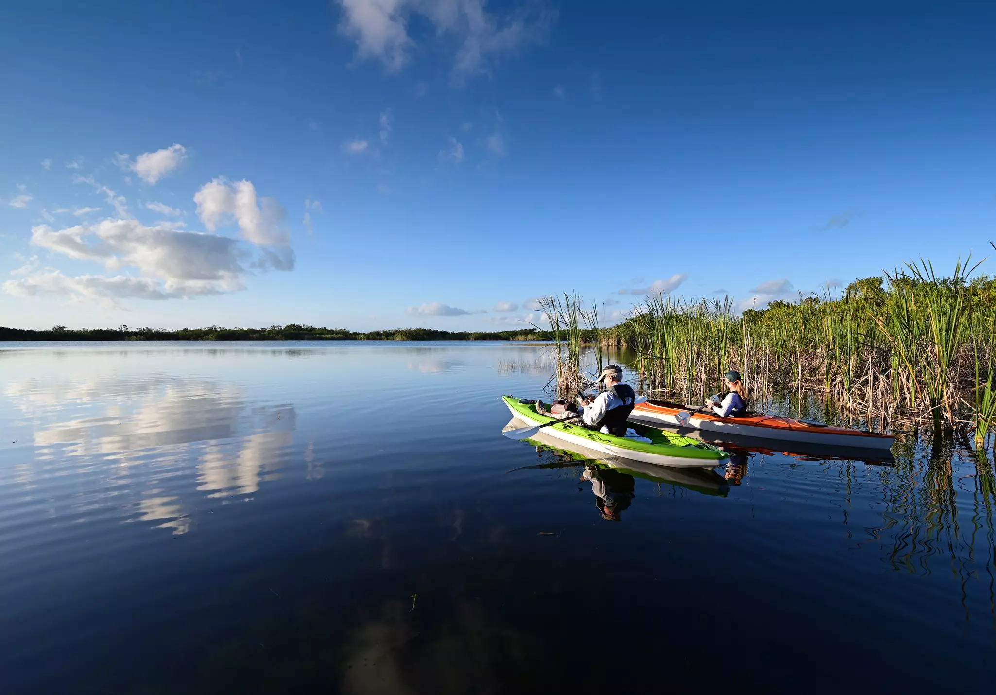 Two people paddle kayaks by tall grass into a large expanse of tranquil water.