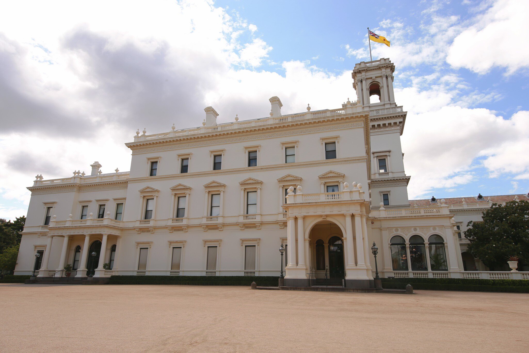 Facade of the Government House in Melbourne, Victoria. It is the office and official residence of the Governor of Victoria.