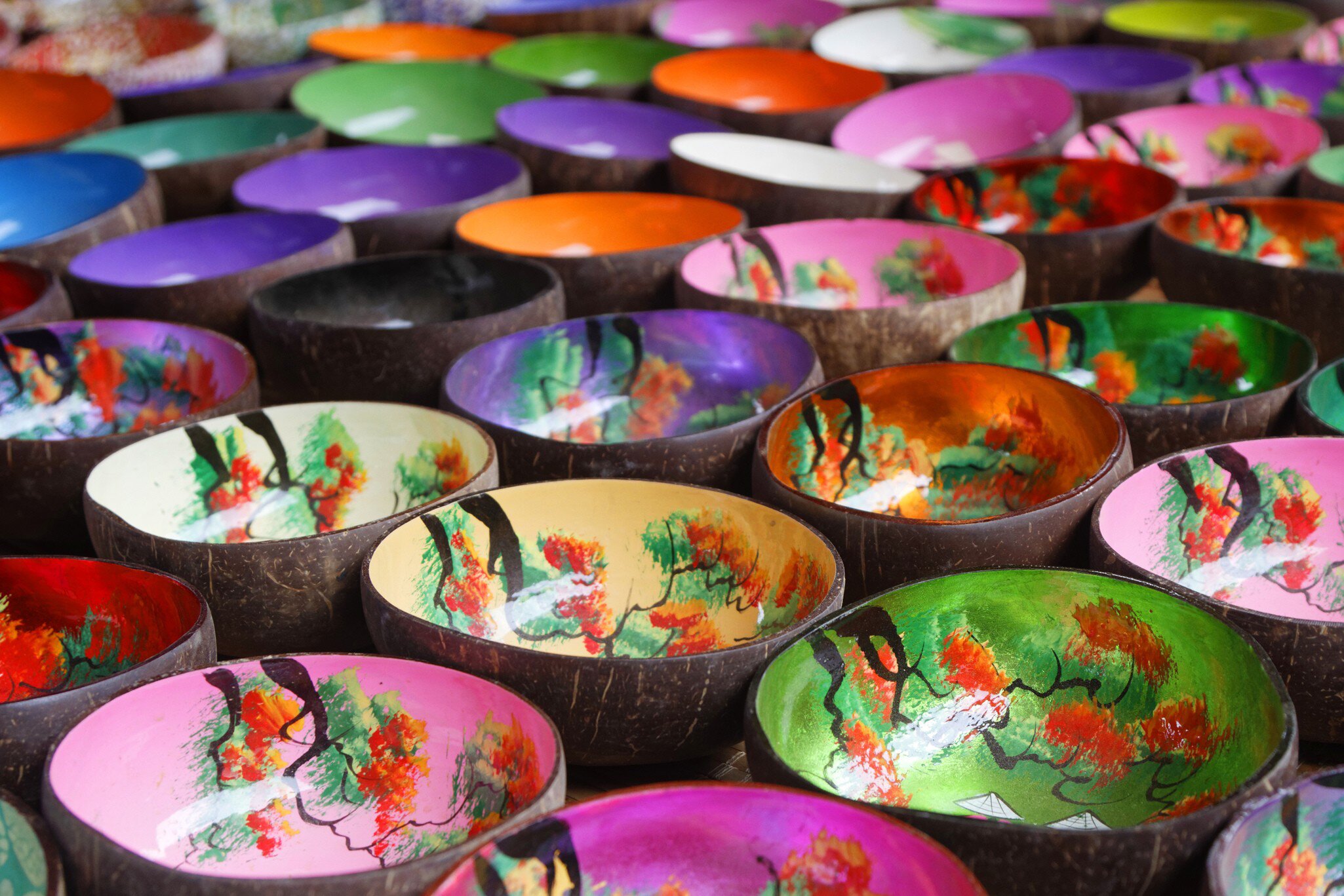 Numerous decorated traditional bowls are on sale at the market of Coc Ly, a small village in the mountains of North Vietnam.