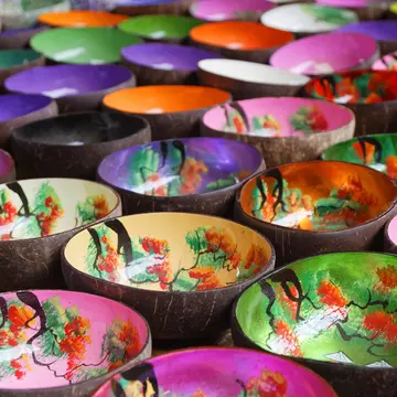 Numerous decorated traditional bowls are on sale at the market of Coc Ly, a small village in the mountains of North Vietnam.