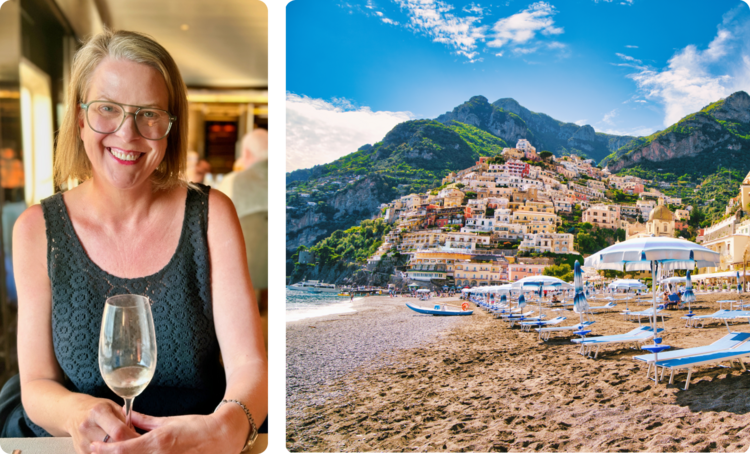 Brekke dining at La Dame and Positano's beach