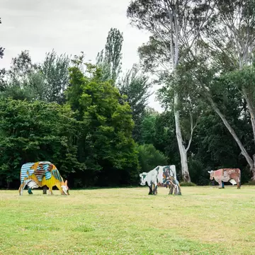 Cow sculptures at the Heide Museum of Modern Art, a public museum in suburban Bulleen, Melbourne, Australia. The museum is surrounded by a sculpture park. 
