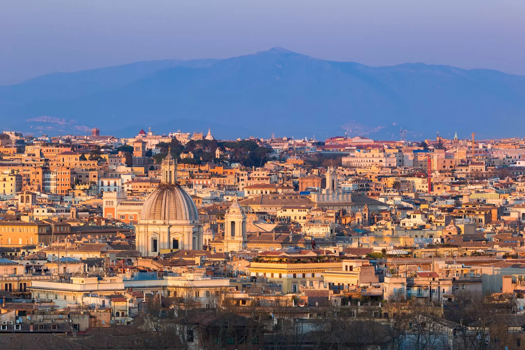 Cityscape of Rome, Italy, at sunset in autumn, a view from the Gianicolo (Janiculum) hill,