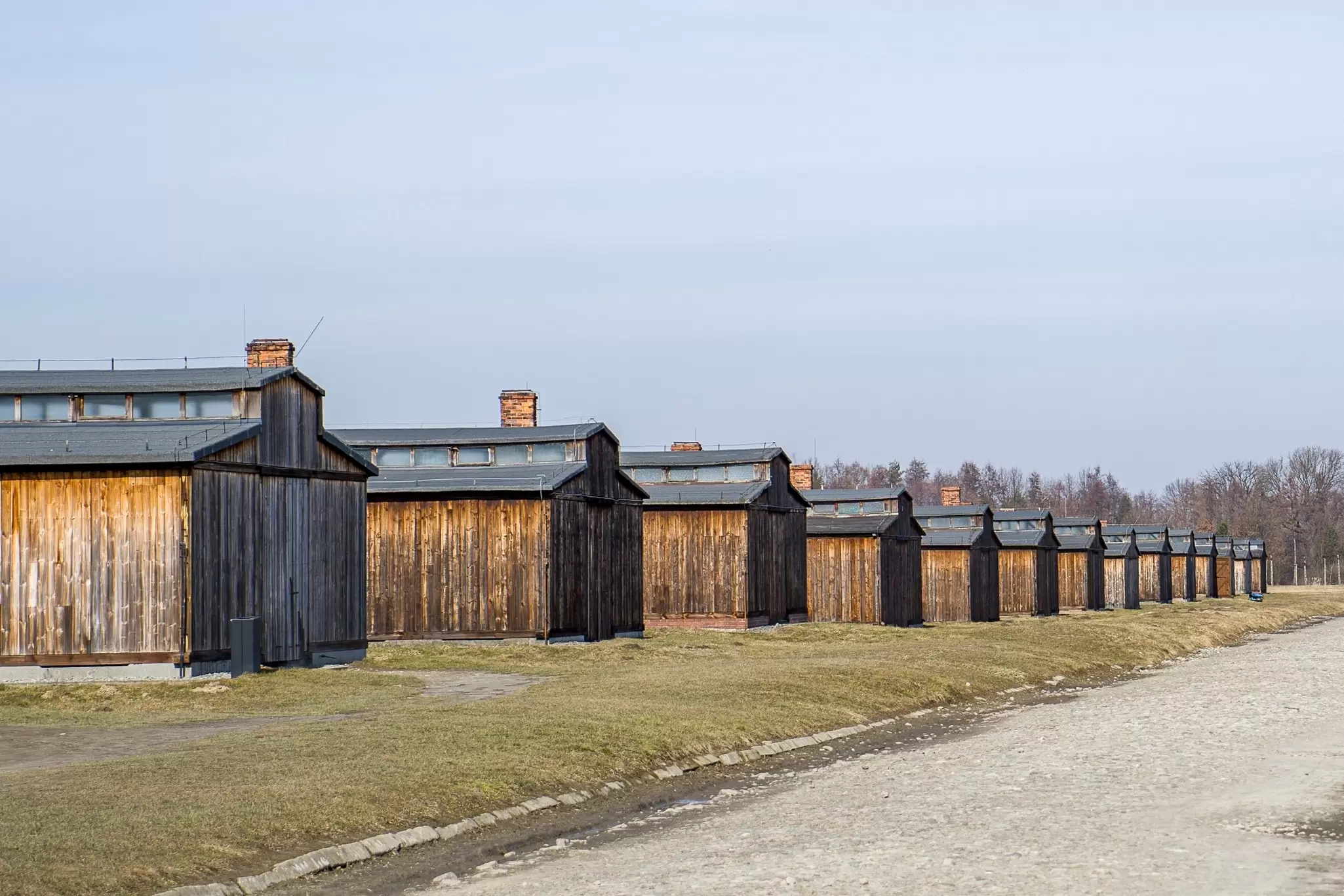 Rows of wooden accommodation blocks for prisoners at Auschwitz II-Birkenau. YosefY/Shutterstock