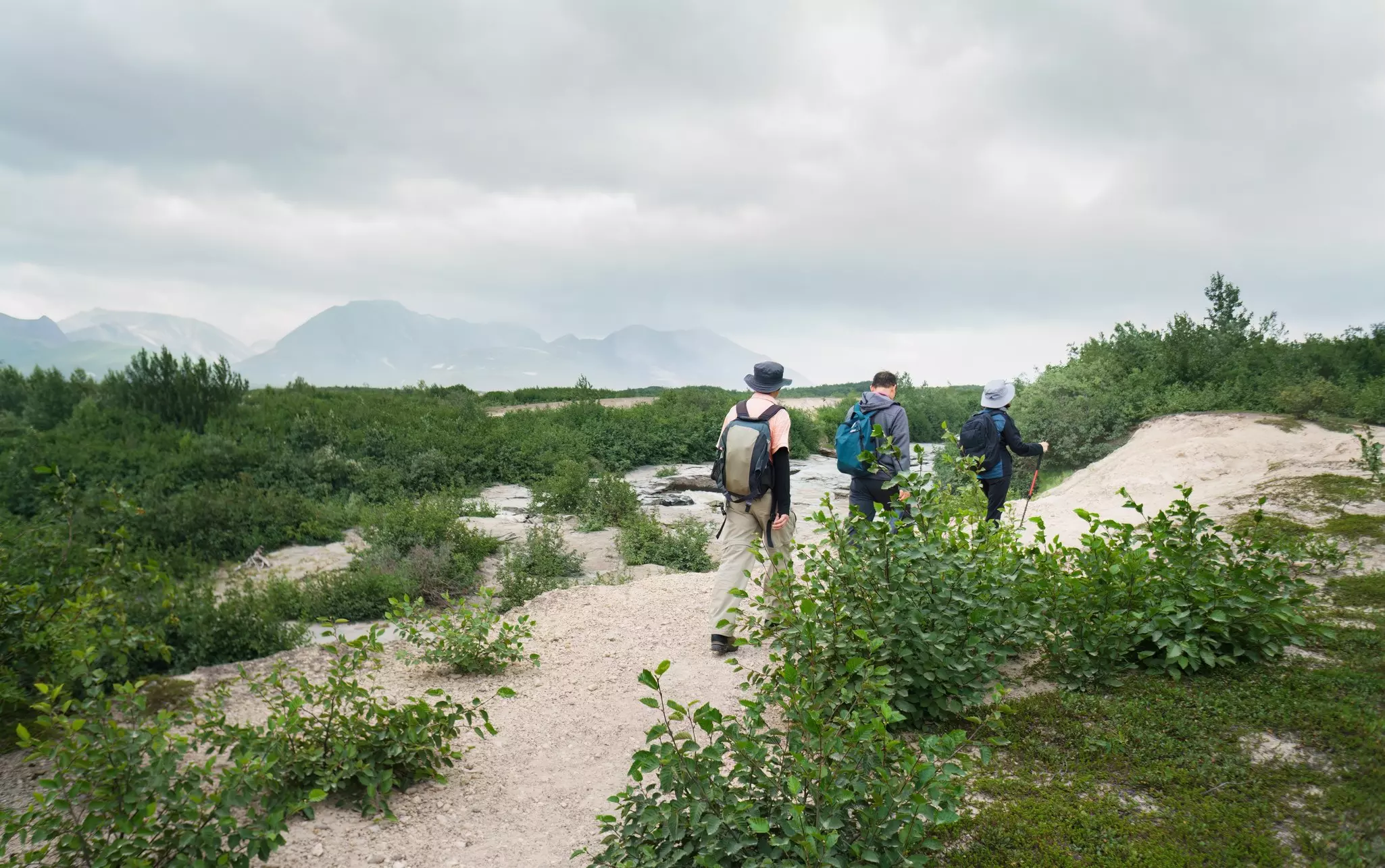 Three people hiking the Valley of Ten Thousand Smokes. Katmai National Park and Preserve. Alaska. USA.,