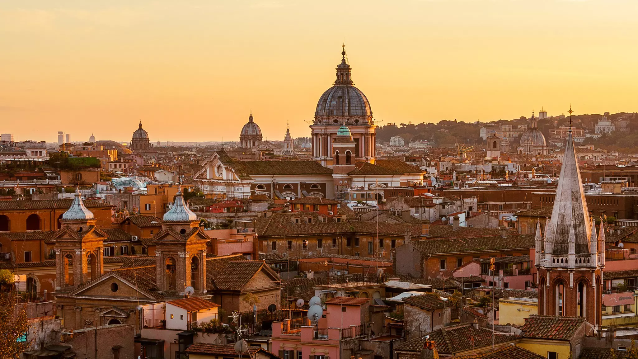 Rome ancient historic center skyline with beautiful sunset light