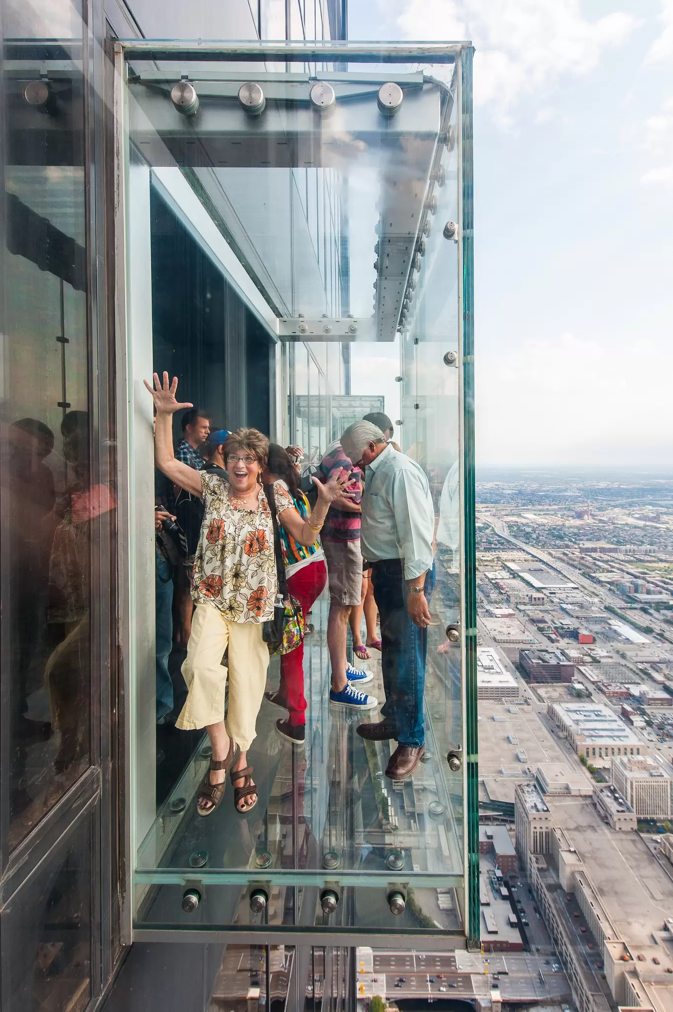 People on the skydeck in Willis Tower in Chicago, Illinois.