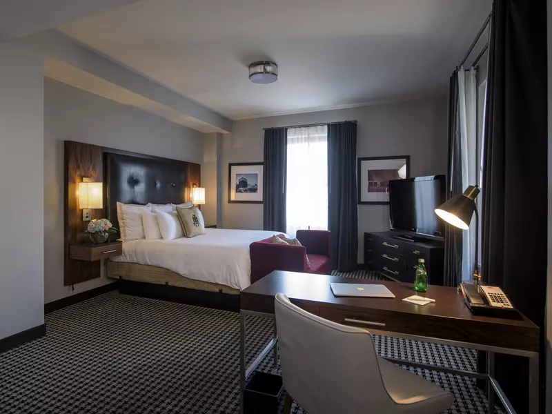 A luxurious room at the Mayo Hotel in Tulsa.