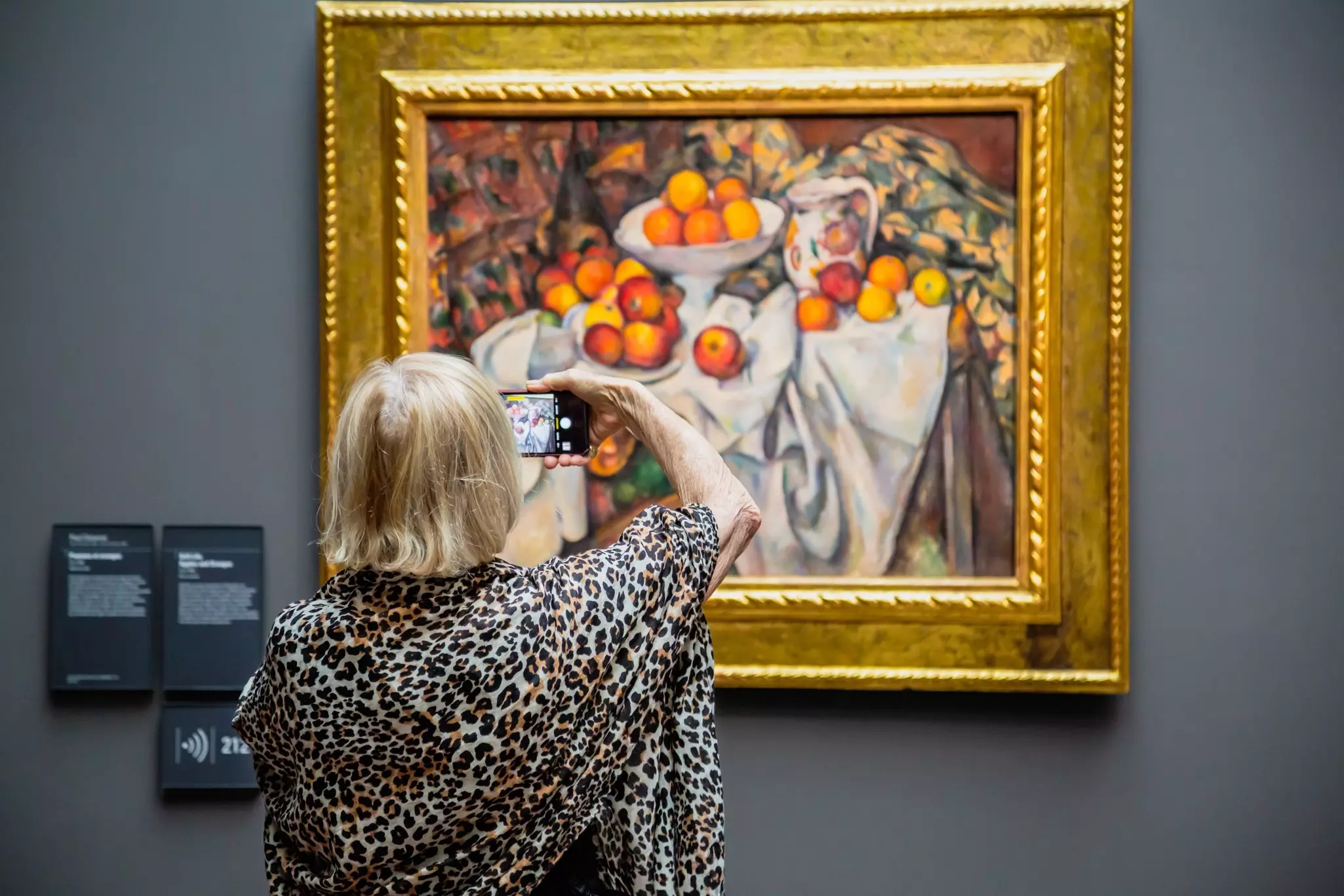 A woman in a leopard-print blouse takes a photo of a painting depicting a still-life with apples, displayed in a gold frame.