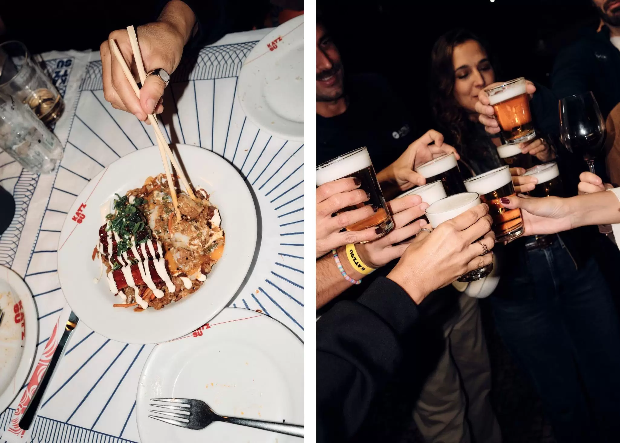 Left, a hand holding chopsticks picking up fried rice from a plate; right, a group of people hold up glasses of beer.