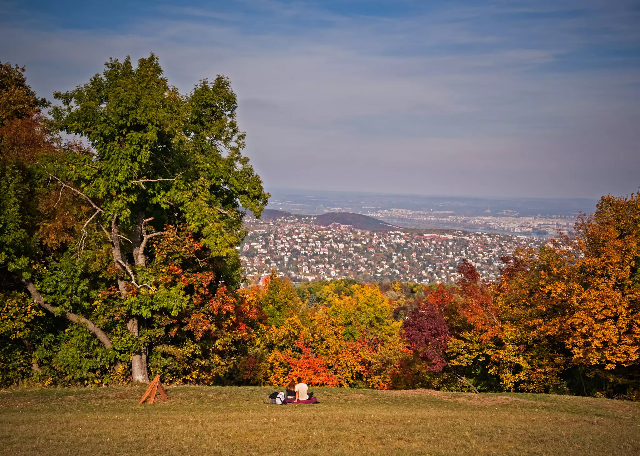 two people sit on a blanket on a stretch of green grass overlooking a bank of orange bushes with a city stretching out in the background