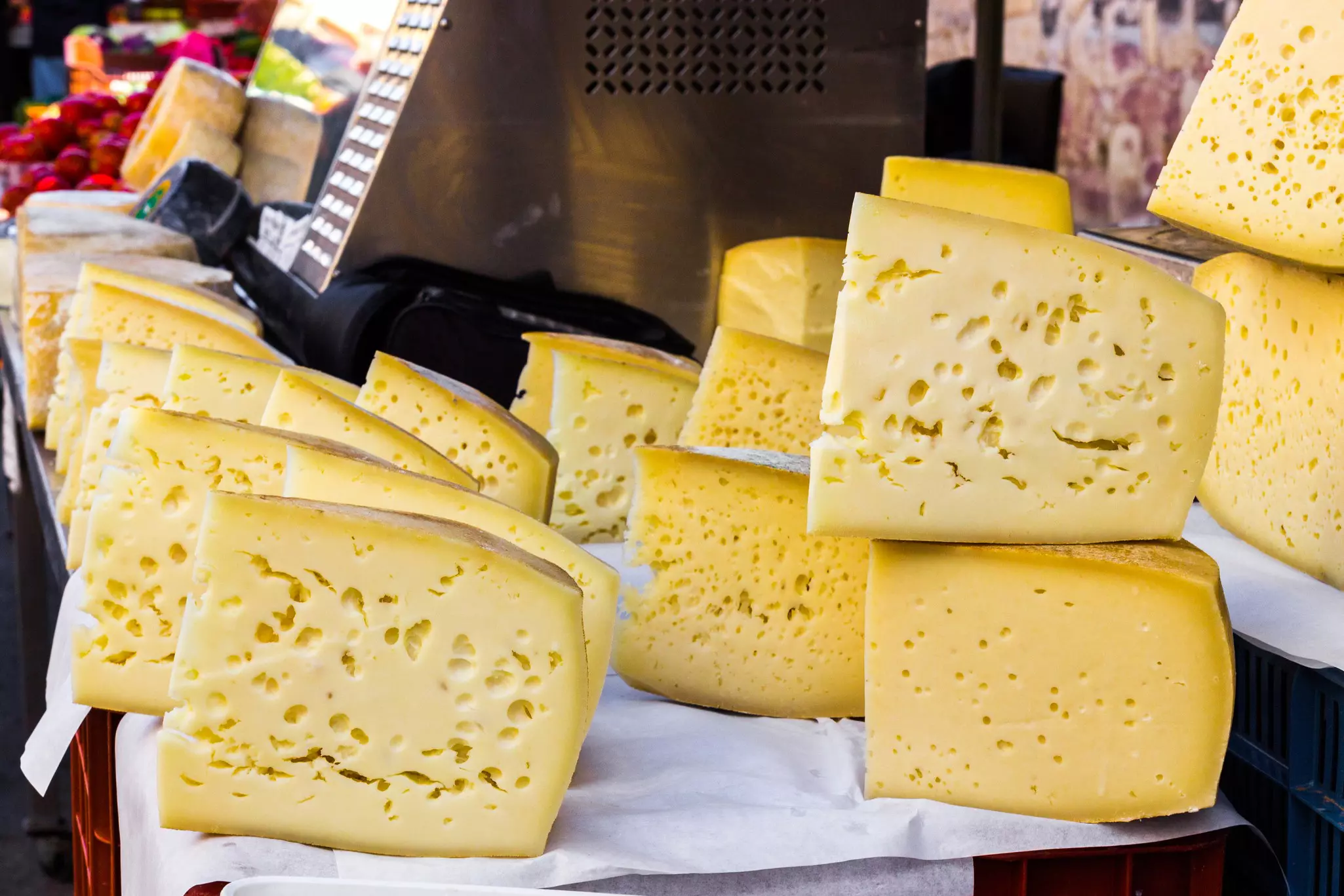 Traditional Cretan cheeses on sale in a market in Hania, Crete.